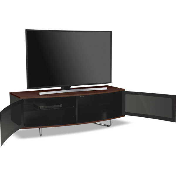 Homeology Caru Black and Walnut Beam-Thru Remote Friendly Super-Contemporary"D" Shape Design 32"-65" LED/OLED/LCD TV Cabinet