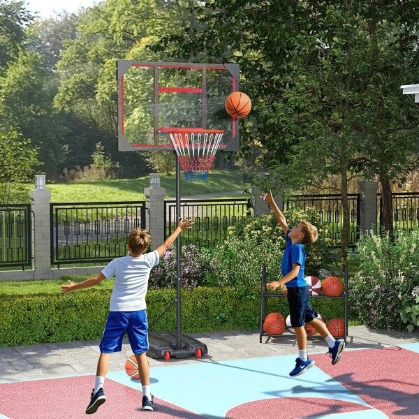Basketball Hoop Outdoor Indoor, 210-260cm Height Adjustable Basketball Hoop with Wheels, Larger Base, for 6+ Years, Red - Red