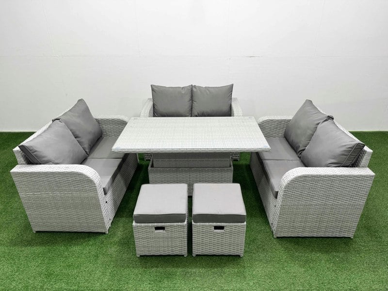 Fimous  8 Seater PE Wicker Rattan Furniture Sofa Sets with Adjustable Lifting Dining or Coffee Table 2 Seater Love Sofa 2 Stool Light Grey