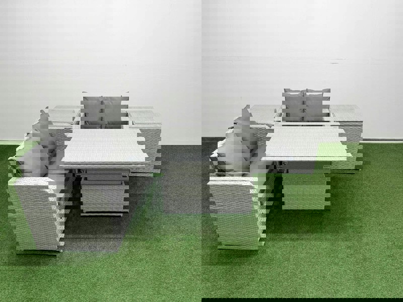 Fimous 4 Seater Outdoor Love Sofa Set Rattan Garden Furniture Set with Adjustable Lifting Dining or Coffee Table 2 Side Tables Light Grey