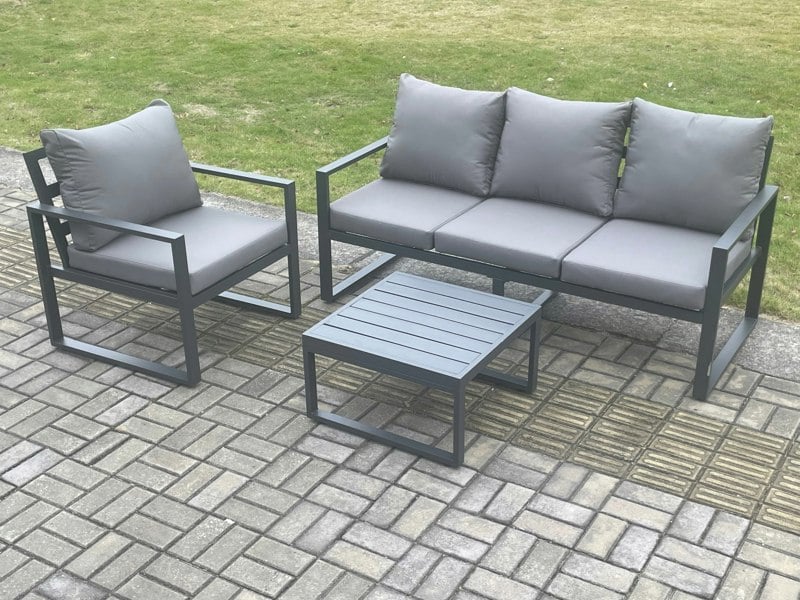 Fimous Aluminium Outdoor Garden Furniture Set Lounge Sofa Chairs Square Coffee Table Sets Conservatory Set Dark Grey