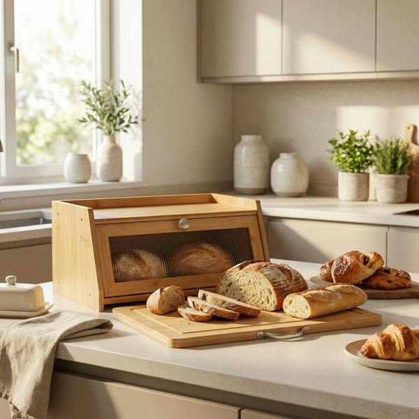 Maison des Cadeaux Bamboo Bread Box with Slide-Out Chopping Board