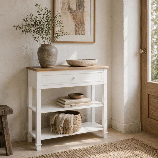 Wyld Haus Sacoso Wooden Natural Retro  Hallway Console Table With Drawer And Dual Shelves
