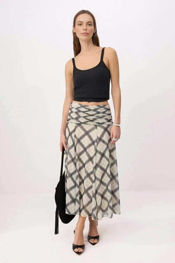 WOVCOR Maxi Gathered Boho Chic Printed Tulle Stretch Knit Skirt
