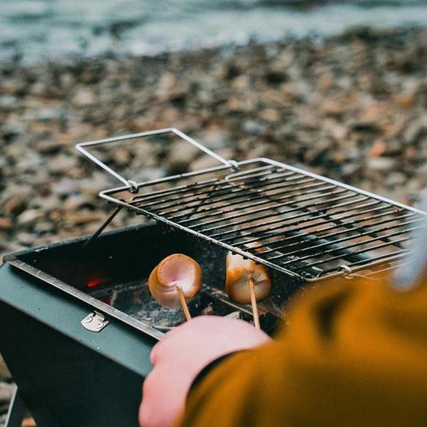 Toasting marshmallows over a Portable Notebook BBQ at dusk by the water.