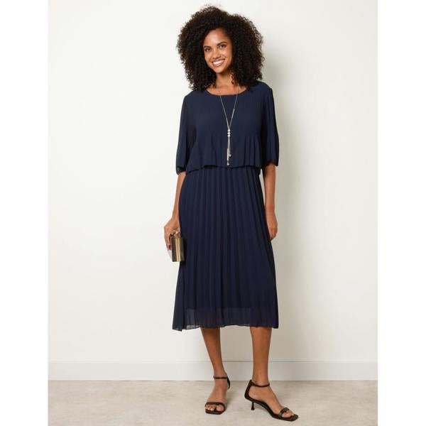 Blue Vanilla Pleated Short Sleeve Dress with Necklace