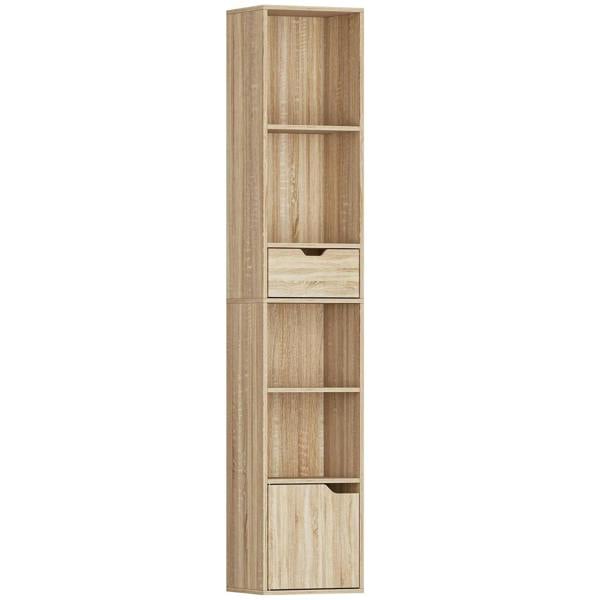 Tall narrow 6-tier bookcase with drawer and cabinet door, natural wood finish