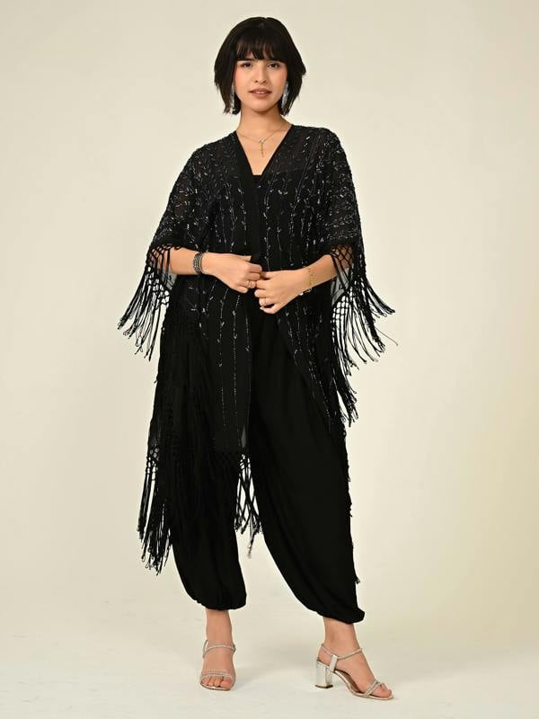 Rose & Nancy Fi Black Statement Hand Embellished Fringe Trim Kimono