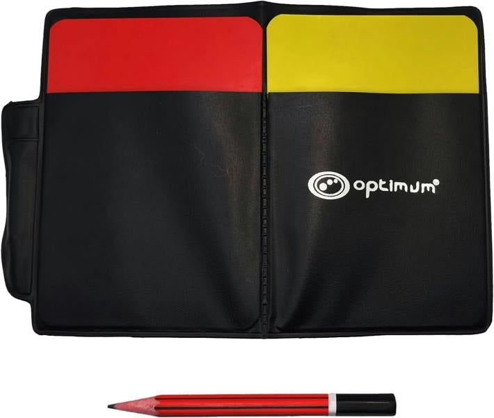Open black Optimum referee wallet holding red and yellow cards with red pencil - Optimum