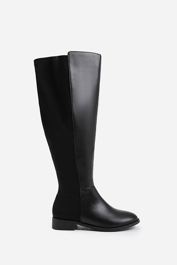 Where's That From Diem Stretch Wide Calf Over the Knee Boots in Wide E Fit in Black Faux Leather