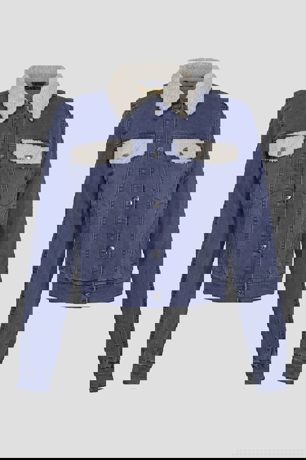 ENORSIA Mid Blue Borg Collar Cropped Denim Jacket