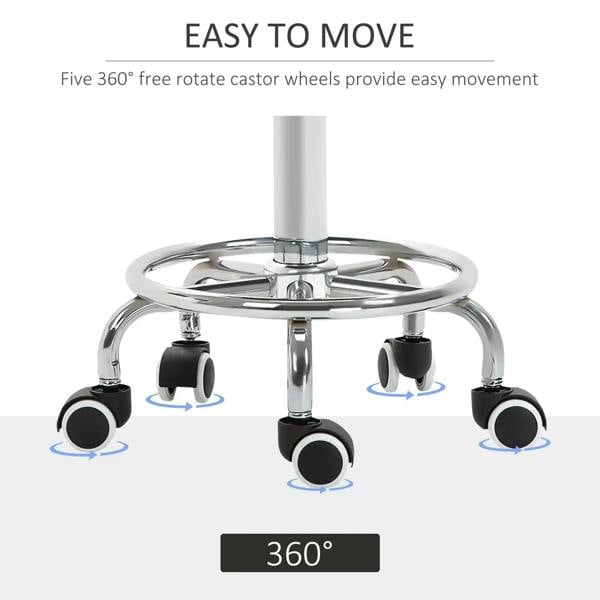 Black round padded stool seat on chrome swivel base with five 360° caster wheels
