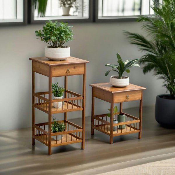 BMBO 2 Tier Wooden Side Table With Drawer