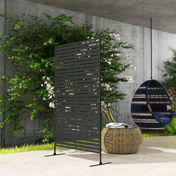 Decorative Privacy Fence Screen, Metal Outdoor Privacy Screen Climbing Plant Trellis with Stand, 122 x 198 cm, Black