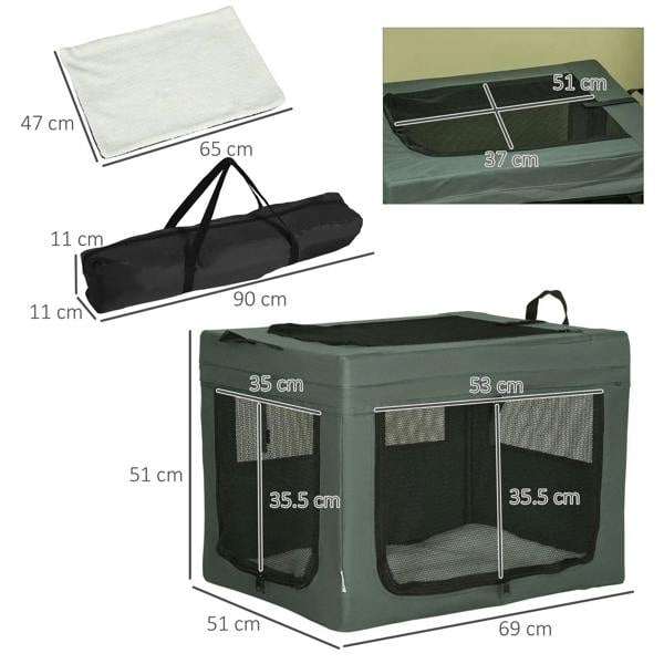 Grey pet carrier size diagram showing mesh doors, top opening, and included cushion