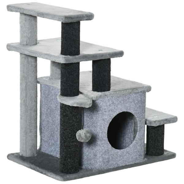 Grey upholstered cat steps with three platforms and dark support posts