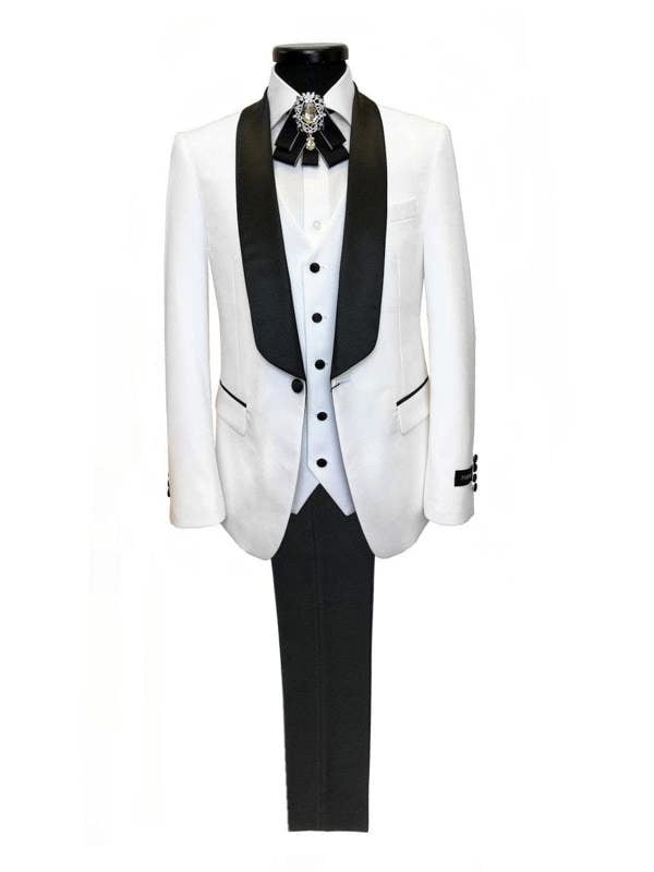 White 3-piece tuxedo with black shawl lapel by PAMONI, featuring a tailored suit jacket, vest, and trousers.