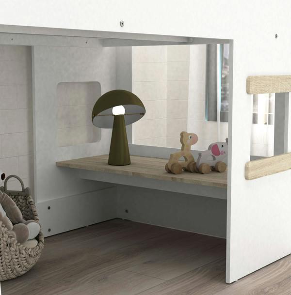 Children's room with a wooden shelf, green lamp, and toys.