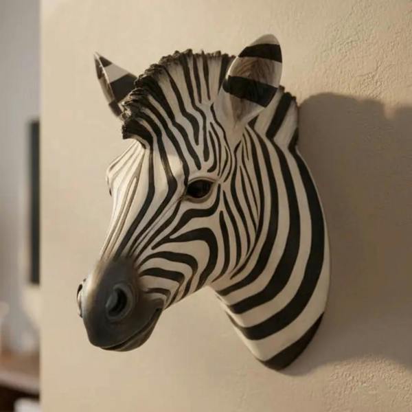A structural polyresin zebra head wall sculpture finished in dark grey and white stripes mounted on a neutral beige wall.