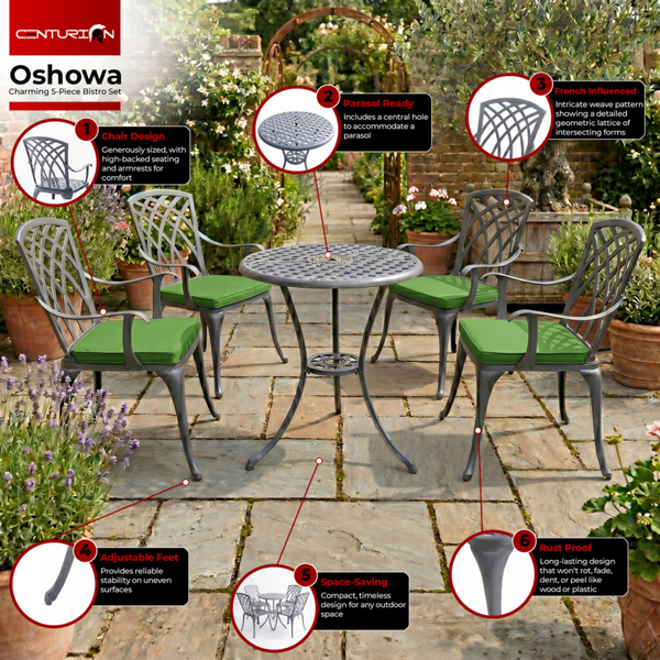 Centurion Supports OSHOWA Luxurious Garden and Patio Table and 4 Large Chairs with Armrests Cast Aluminium Bistro Set - Grey with Green Cushions