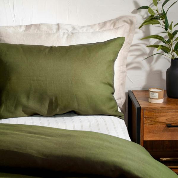 Olive Green French Linen 40cm Deep Fitted Sheets close-up detail 1 | Soak and Sleep