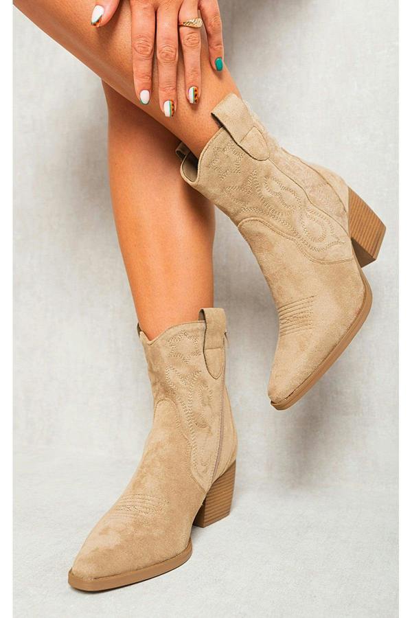 Laura Suede Cowboy Ankle Length Boots - Khaki