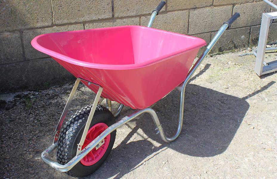 Bristol Tool Company 1894 Big Mucker Wheelbarrow Pink With 120kg, Strong Deep Plastic Pan, Twin Handles, Pneumatic Wheel