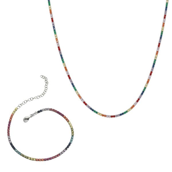 Spero London Rainbow Tennis Necklace and Bracelet Set Sterling Silver