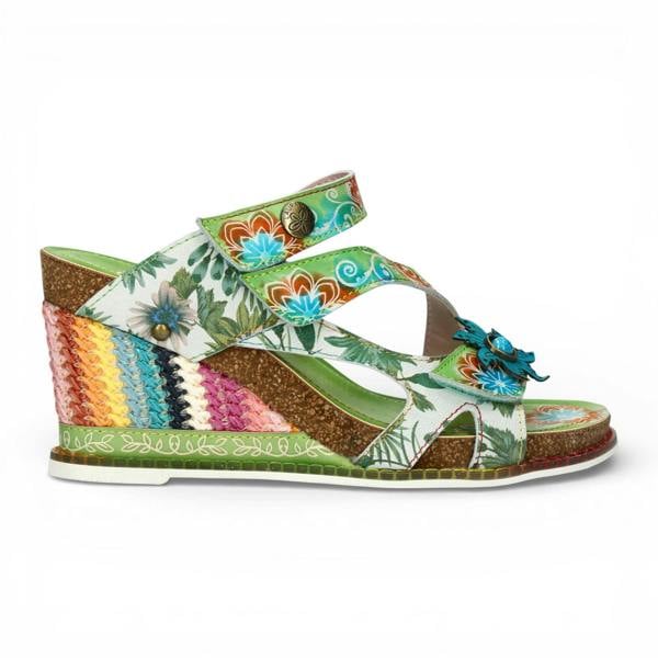 Laura Vita Women's Balade 32 Rose Pink Floral Leather Wedge Espadrille Sandals