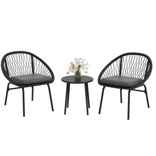 Wyld Haus Lukeno Black Rattan Rope 3 Piece Outdoor Bistro Set Table and 2 Chairs Set