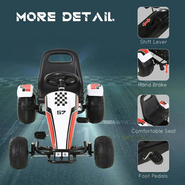 Front view of white-and-black kids pedal go-kart with steering wheel, hand brake, and pedals