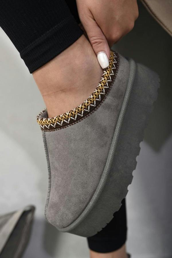 Jolene Aztec Detail Low Ankle Platform Slipper Boots - Grey