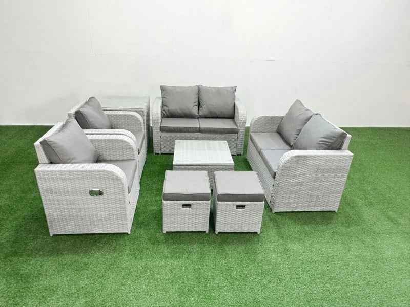 Fimous 8 Seater Outdoor Reclining Chair Love Sofa Set Rattan Garden Furniture Set with Square Coffee Table 2 Stools Side Table Light Grey