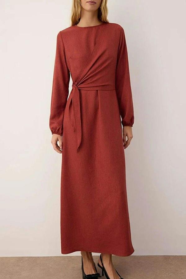 WOVCOR Tie Waist Long Sleeve Maxi Dress
