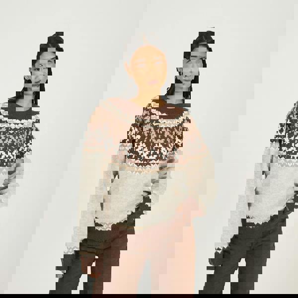 Brave Soul Taupe Crew Neck Fairisle Jumper - Taupe Image 1