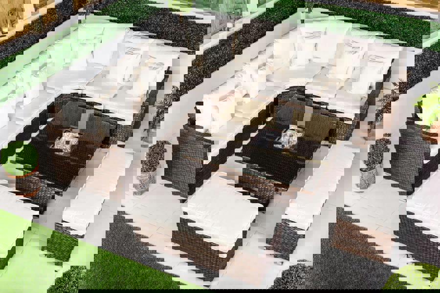 Giardino Santorini 5 Seat Modular Corner Sofa Rattan Garden Furniture Set Outdoor Adjustable Drinks Cooler Coffee Table & 2 Benches