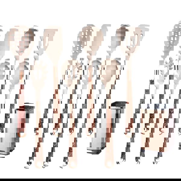 Anygleam Nonstick Kitchen Utensils Set Brown 7pcs Gold Plated Handle with Support Storage Box Heat Resistant Cooking Tools Accessories