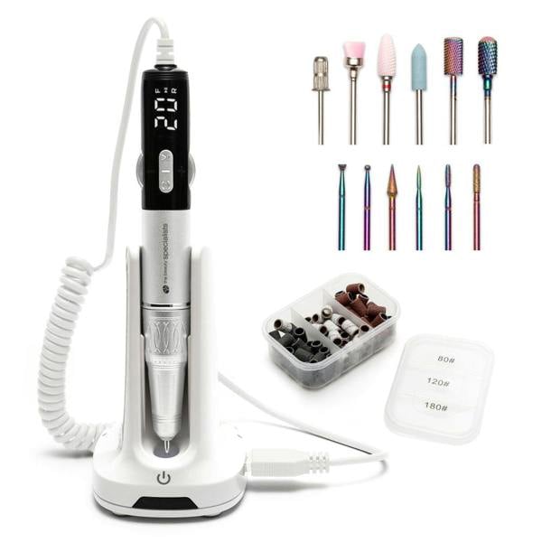 The Rio Salon Pro Electric Nail File & Drill features a digital display and charging dock, with colorful drill bits and sanding bands in a case—an all-in-one kit for salon-quality DIY manicures and pedicures at home.