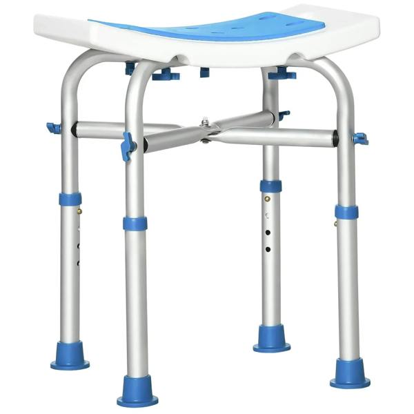 Blue padded shower/bath stool with white frame, curved seat and aluminum legs