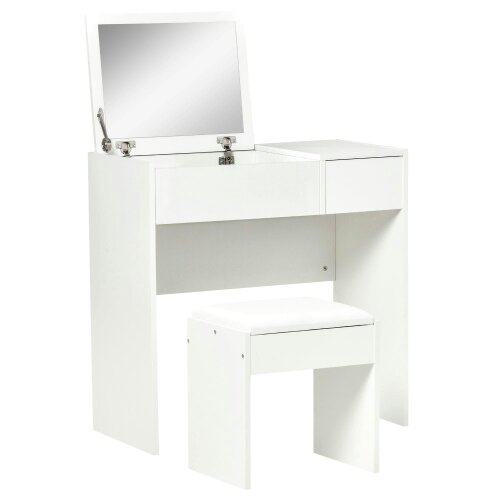 Wyld Haus Firazzi White Vanity Desk With Flip Mirror Drawer Storage And Cushioned Stool