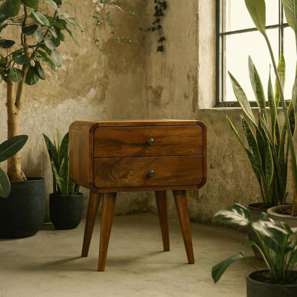 Wyld Haus Ostuni Curved Mango Wood Chestnut Bedside Table 2 Drawers