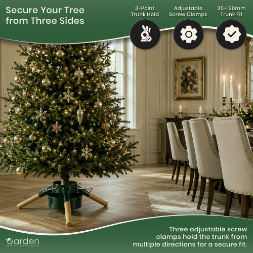 Large Modern Spruce Christmas Tree Stand, Green Metal Base with Wooden Legs, Water Reservoir, Adjustable Clamps for Trees up to 2.6m