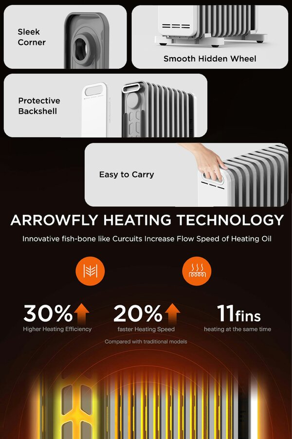 Living and Home Livingandhome 11-Fin Electric Heater Oil-Filled Radiator Heating with Remote Control & LED Touch Screen