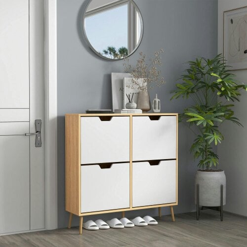 Wyld Haus Margarita Wooden Natural  and White Shoe Cabinet With 4 Flip Drawers For 8 To 16 Pairs
