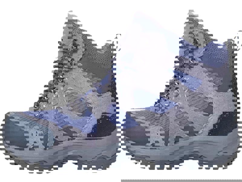 Karrimor Bodmin Mid 6 Womens Walking Hiking Trekking Boots, close-up of a stylish and durable high-top hiking boot in shades of gray and blue with mesh and suede panels, featuring metallic eyelets and thick tread sole for outdoor adventures.