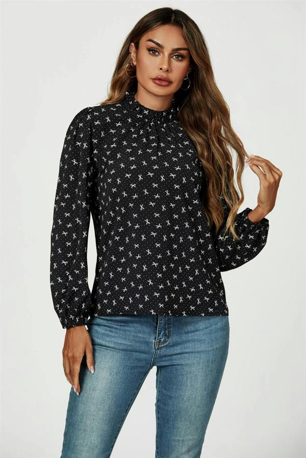 FS Collection Bow Print Frill Detail High Neck Top In Black
