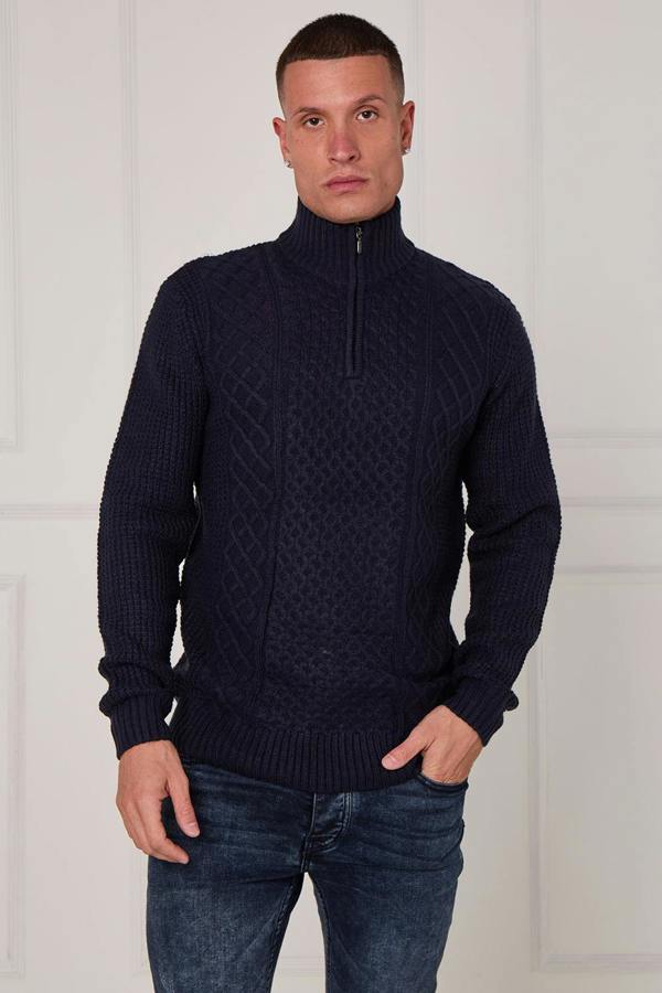 Men’s Half Zip Cable Knit Textured Jumper - Navy