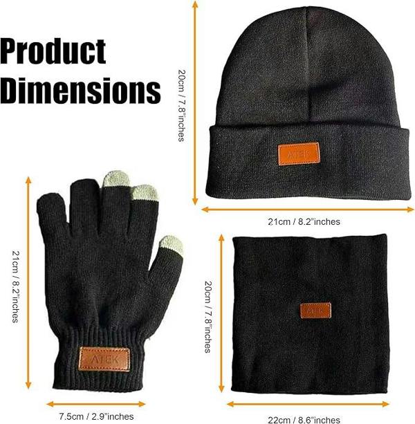 ATEK 3 Piece Winter Hat Scarf Touchscreen Gloves Set Black