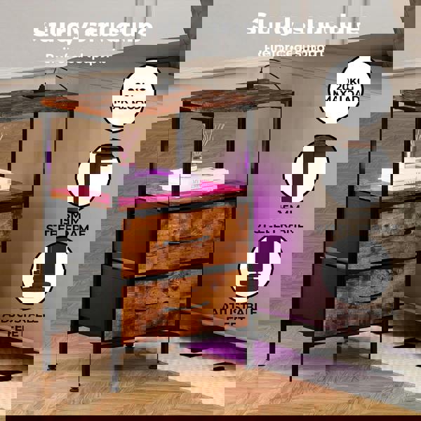 Levede LED Bedside Table 2 Drawers USB Ports Sofa End Table in Brown Black