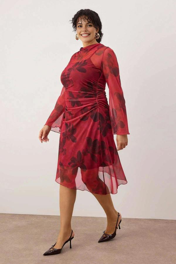 WOVCOR Floral Pattern A-Line Tulle Knit Plus Size Dress